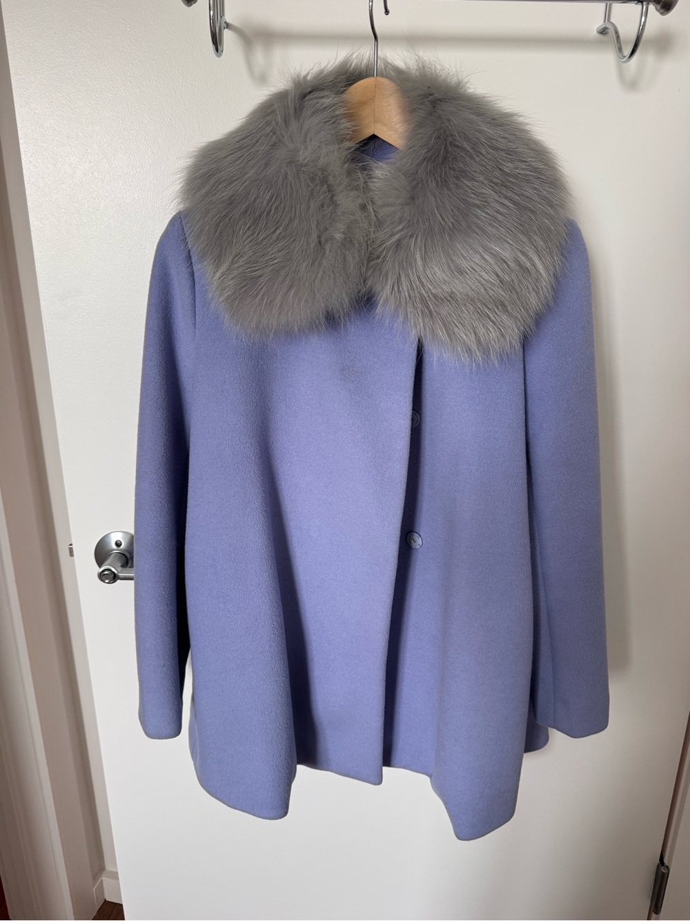 Women’s Wool Coat with Genuine Fox Fur Collar – Lavender Blue XXS-XS 155/80A